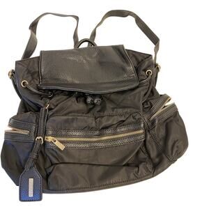Neiman Marcus Designer Backpack Black PVC Nylon Travel Day Bag Silvertone Logo